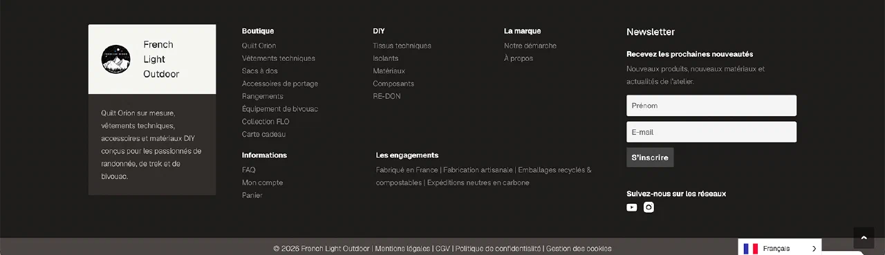 Nouveau footer French Light Outdoor structurant les liens de boutique et d’information