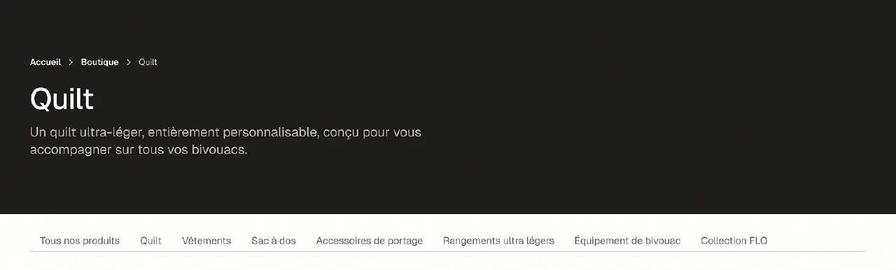 Page catégorie Quilts French Light Outdoor avec grille de produits et navigation lisible