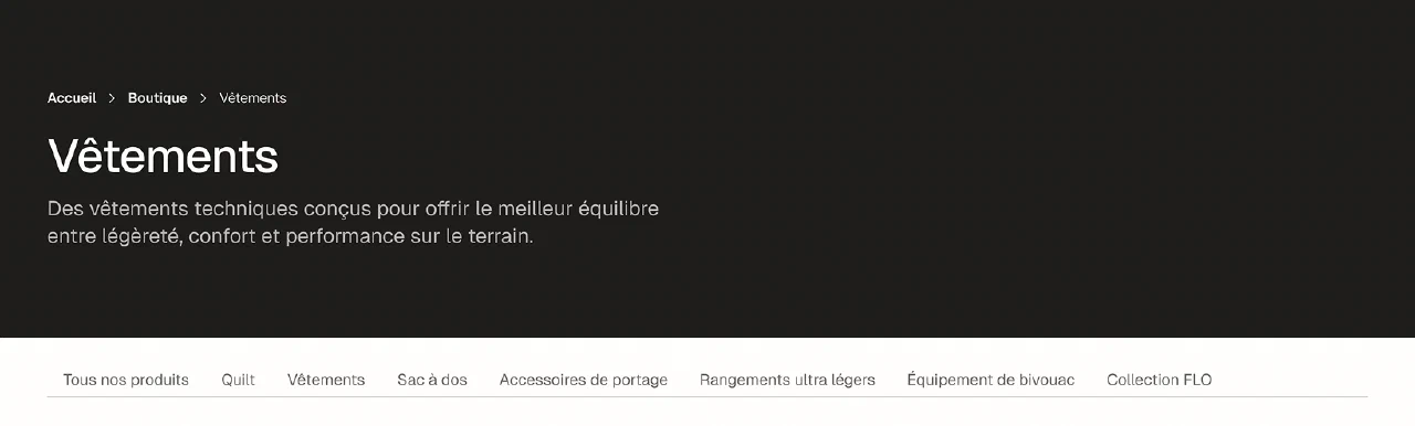 Page catégorie Vêtements French Light Outdoor avec sélection de produits techniques