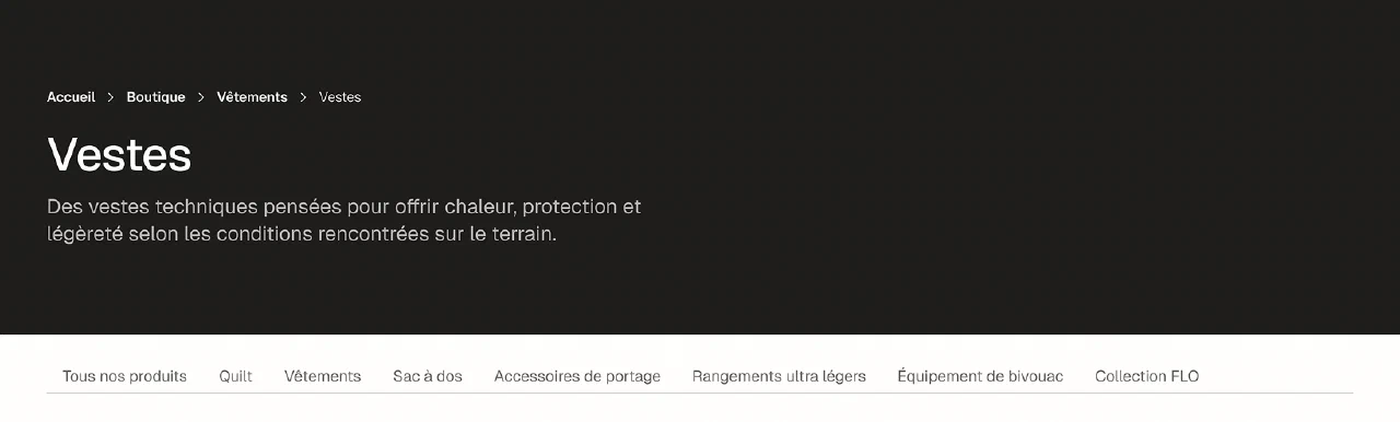 Page catégorie Sacs French Light Outdoor avec produits ultralégers et filtres de navigation
