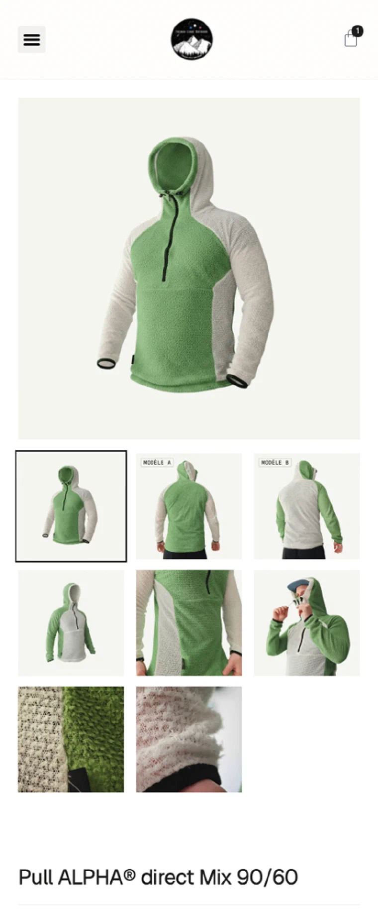 Nouvelle interface mobile de fiche produit French Light Outdoor avec galerie et prix