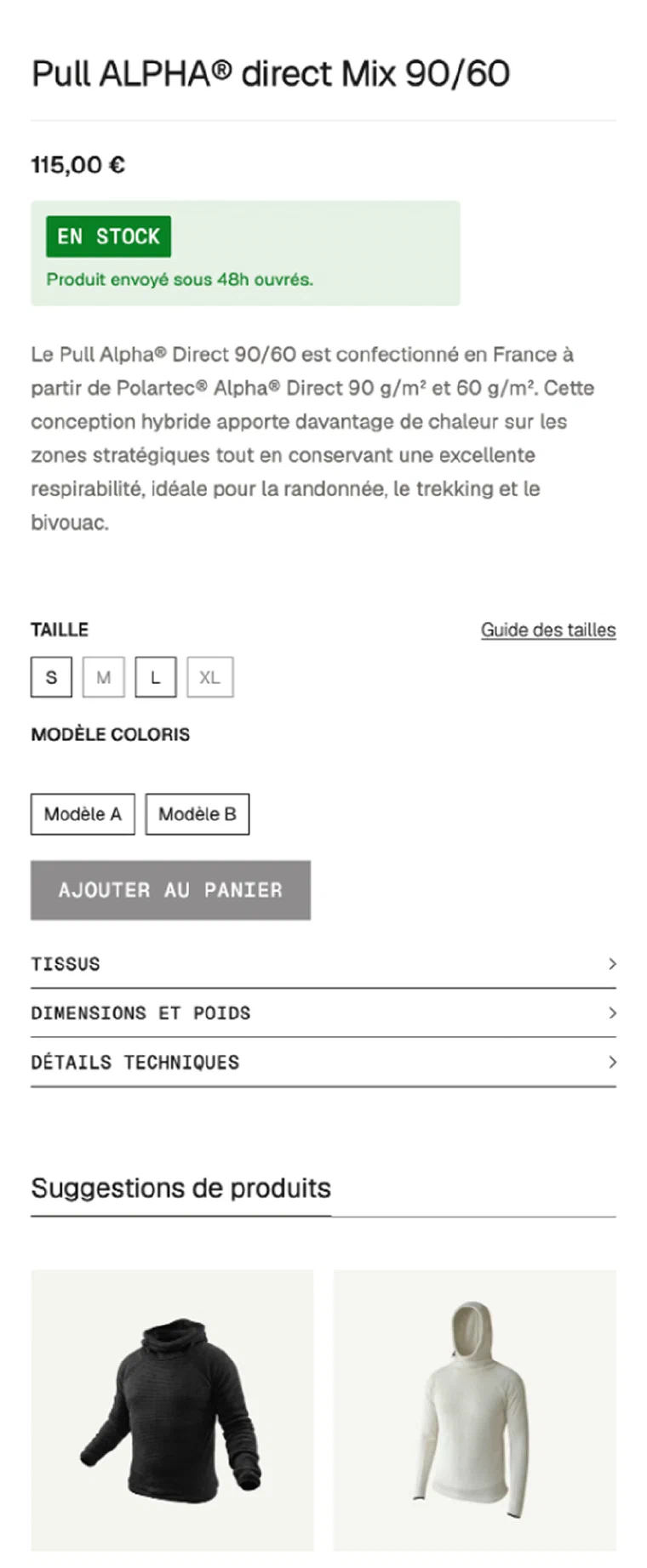 Nouvelle interface mobile French Light Outdoor montrant les options et informations produit