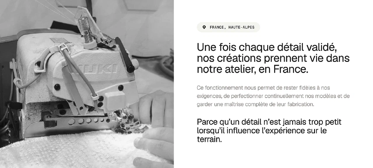 Section atelier French Light Outdoor avec machine à coudre et texte sur la fabrication en France