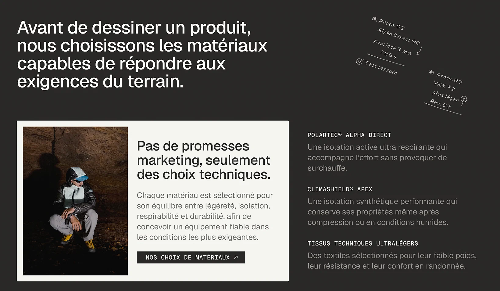 Page de contenu French Light Outdoor expliquant le choix des matières et la fabrication