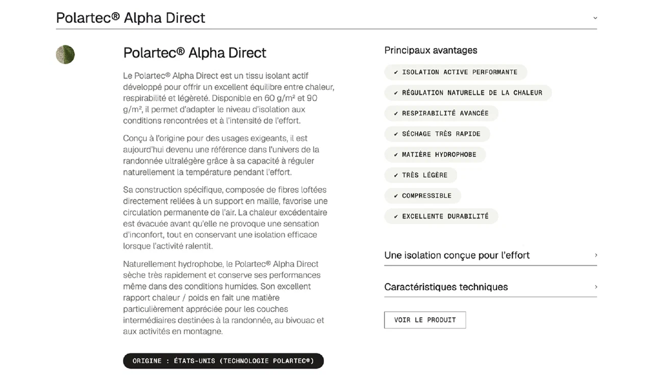 Page French Light Outdoor détaillant l’approche artisanale et technique de l’ultraléger